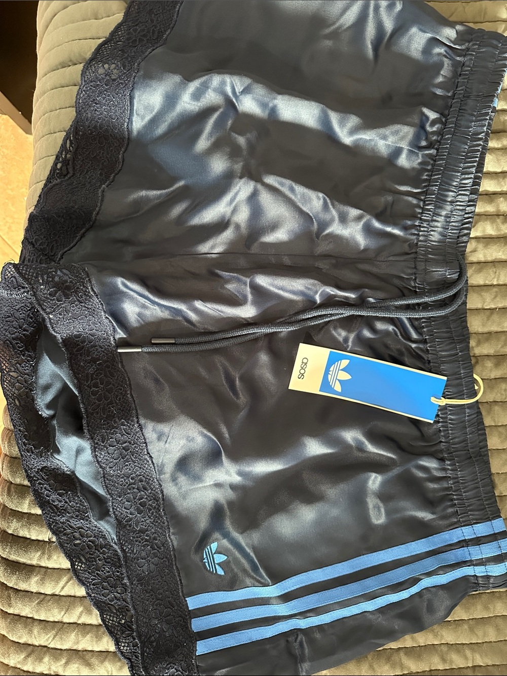 adidas Black Satin Athletic Shorts with Blue 3-Stripes